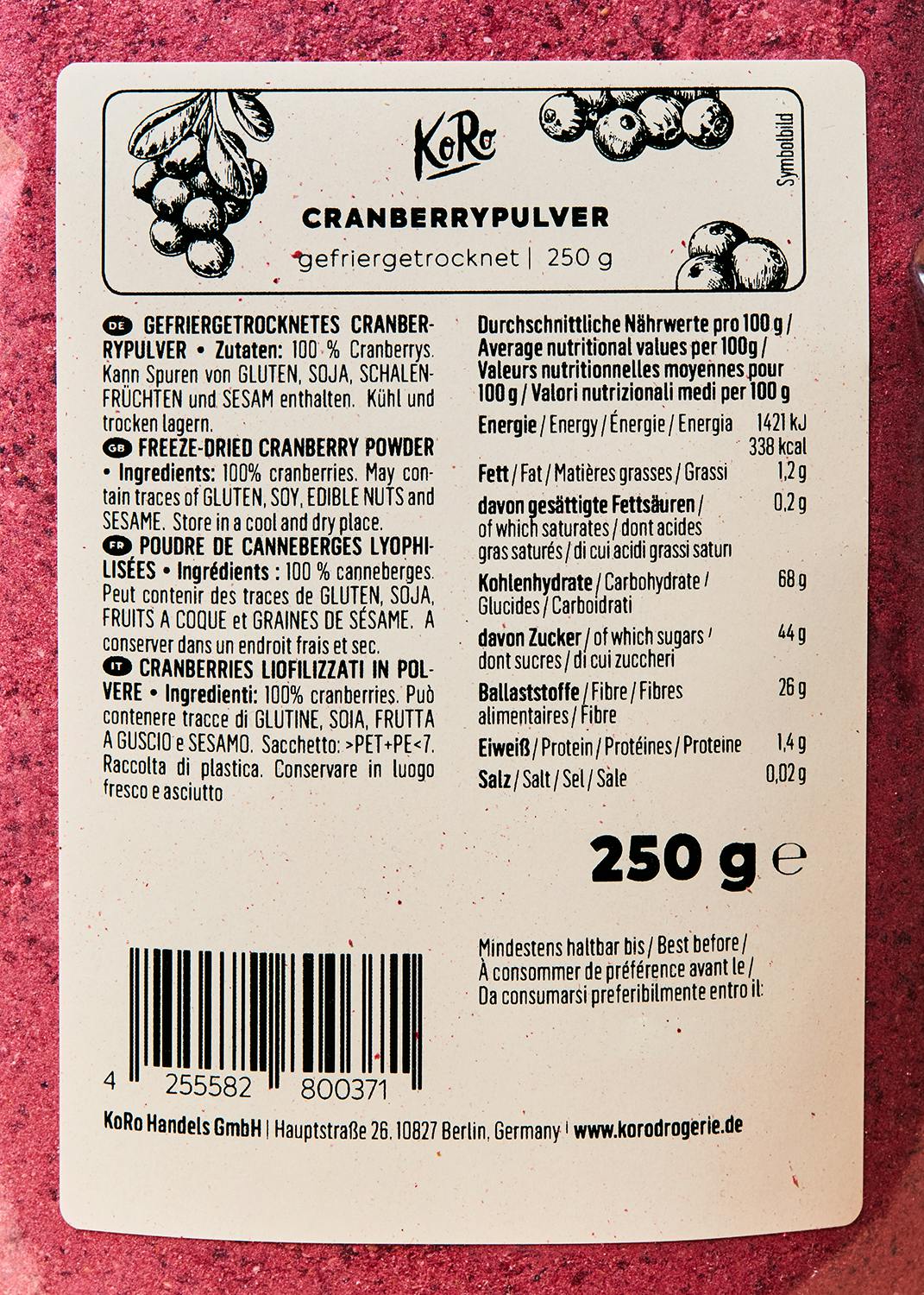 KoRo Gefriergetrocknetes Cranberrypulver | 250 g - fitgrade.ch